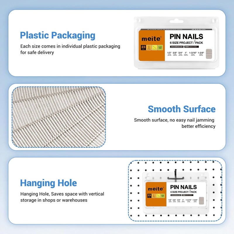 Meite 23 Gauge Stainless Steel Nails, Assorted 6 Sizes (1/2", 5/8", 3/4", 1", 1-3/16", 1-3/8") 304 Stainless Steel Headless Nails - Micro 23GA Nails for Nail Gun - Image 5